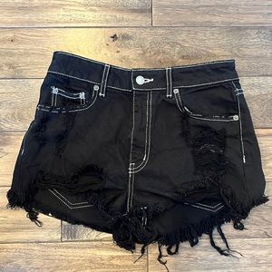 White Detailed Black Jean Shorts